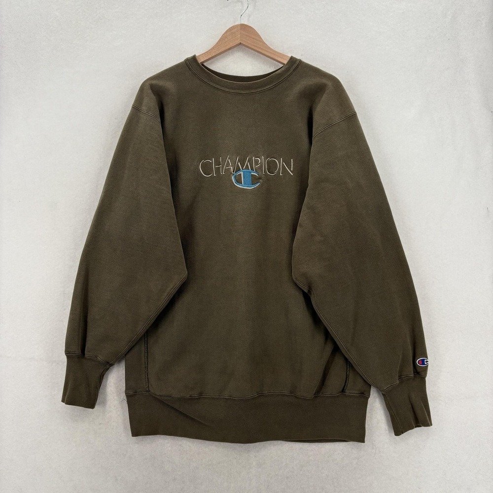 Vintage Champion Sweatshirt Mens 2XL Green Reverse Weave Logo Crewneck Made USA